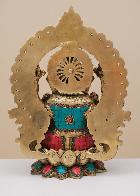 15" Brass Lord Ganesha Seated on Lotus with Arch | Handmade
