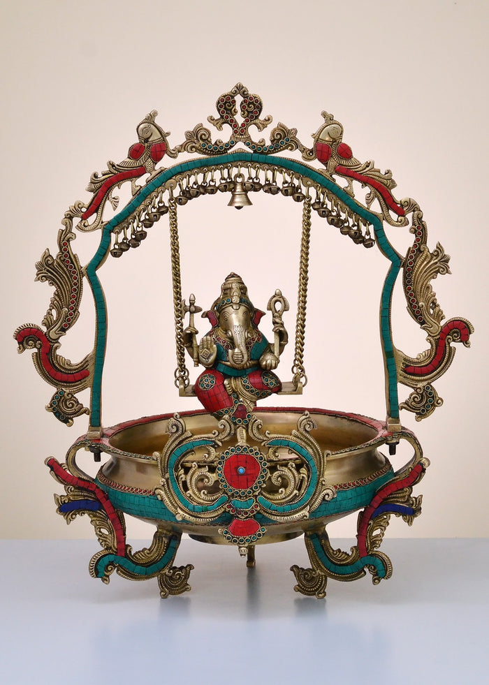 24" Brass Urli with Lord Ganesha Swing Statue Handmade