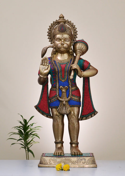 Large Brass Sankat Mochan Hanuman Ji Statue with Inlay Work | Handmade