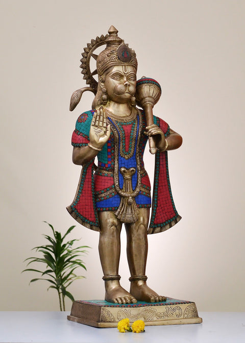 Large Brass Sankat Mochan Hanuman Ji Statue with Inlay Work | Handmade