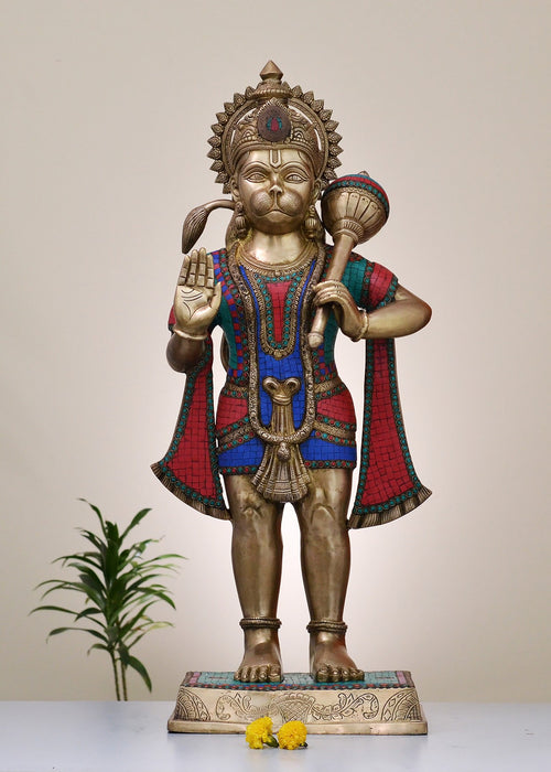 Large Brass Sankat Mochan Hanuman Statue with Inlay Work