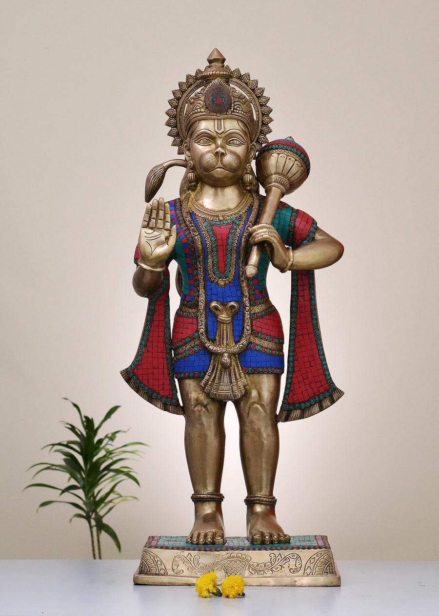 Large Brass Sankat Mochan Hanuman Statue with Inlay Work