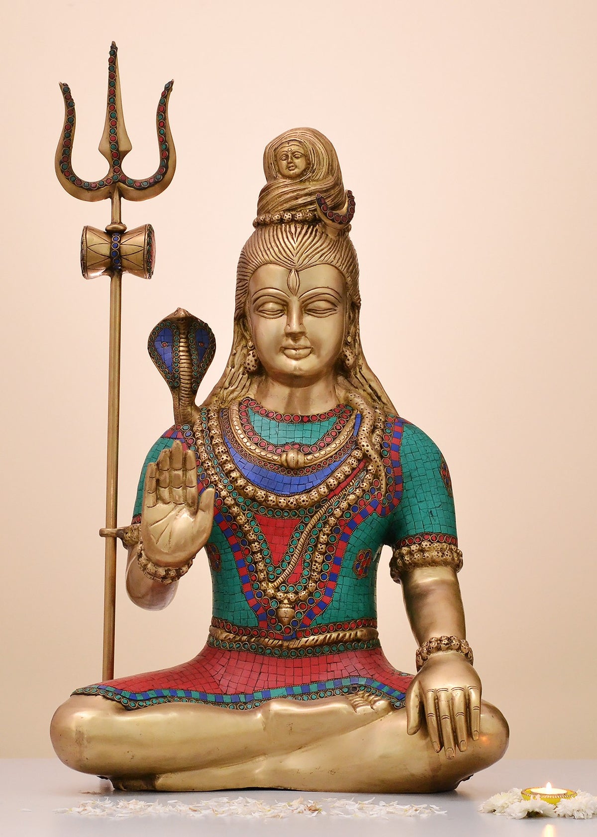 30" Brass Blessing Lord Shiva with Inlay Work | Handmade
