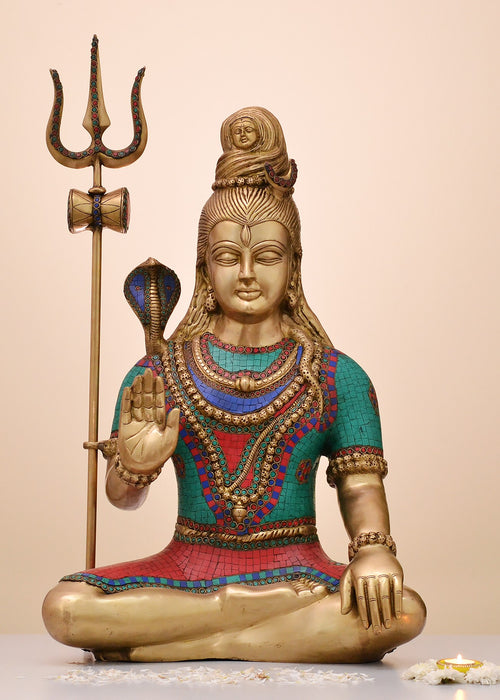 30" Handmade Brass Lord Shiva Blessing Statue with Inlay Work