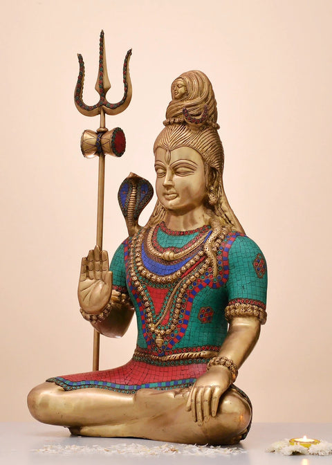 30" Brass Blessing Lord Shiva with Inlay Work | Handmade