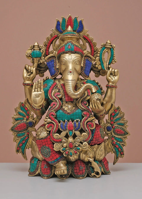21" Brass Lord Ganesha Seated on Lotus with Inlay Work | Handmade