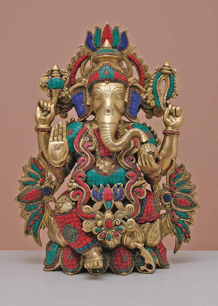 21" Handmade Brass Lord Ganesha Seated on Lotus Statue
