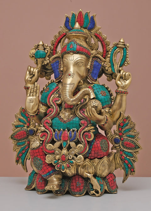 21" Brass Lord Ganesha Seated on Lotus with Inlay Work | Handmade