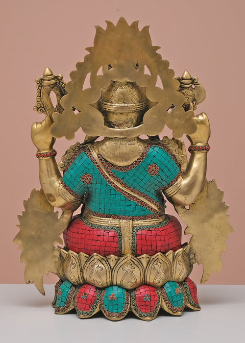 21" Brass Lord Ganesha Seated on Lotus with Inlay Work | Handmade