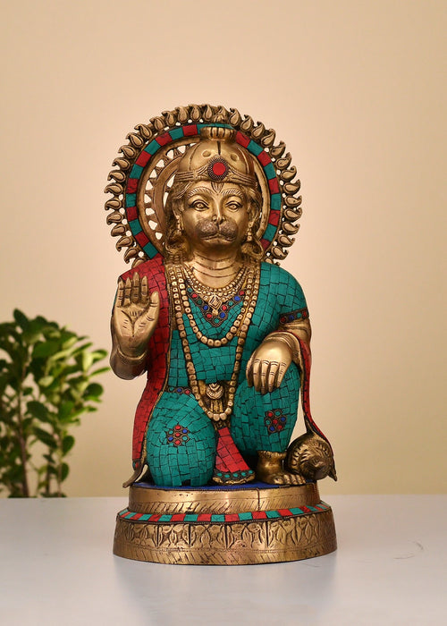 19" Handmade Brass Hanuman Statue with Inlay Work for Pooja