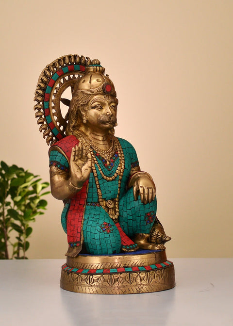 19" Brass Hanuman Ji Statue with Inlay Work | Handmade