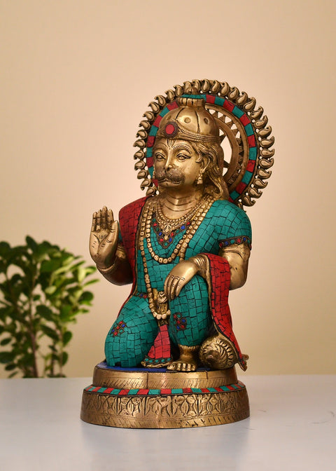 19" Brass Hanuman Ji Statue with Inlay Work | Handmade