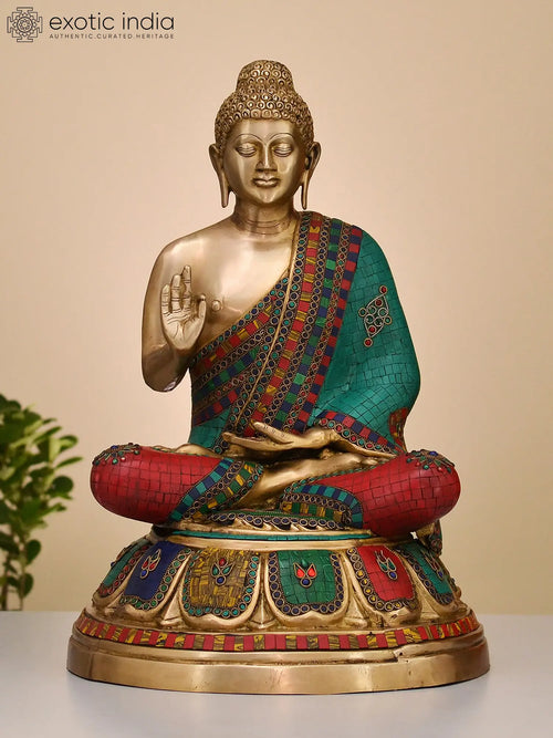 22" Handmade Brass Buddha Preaching Dharma Statue with Inlay