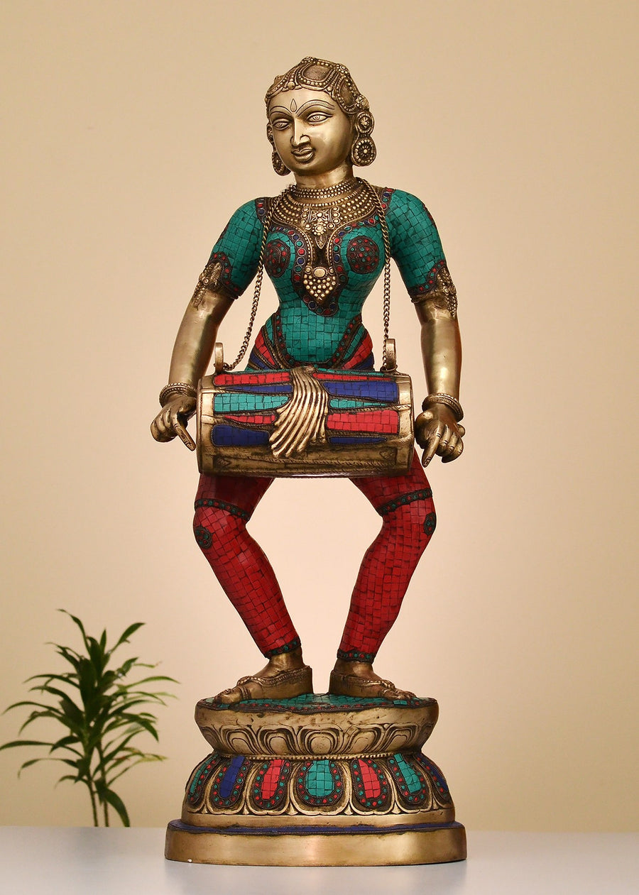 38" Large Handmade Brass Lady with Dholak Statue