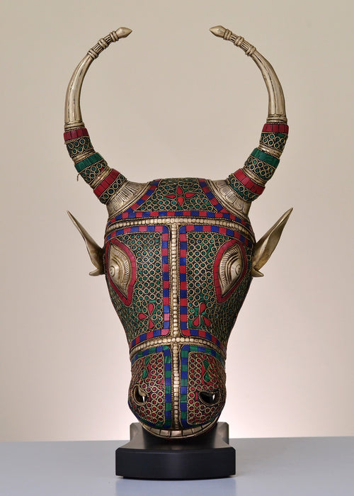 18" Handmade Brass Nandi Head Statue with Inlay Work