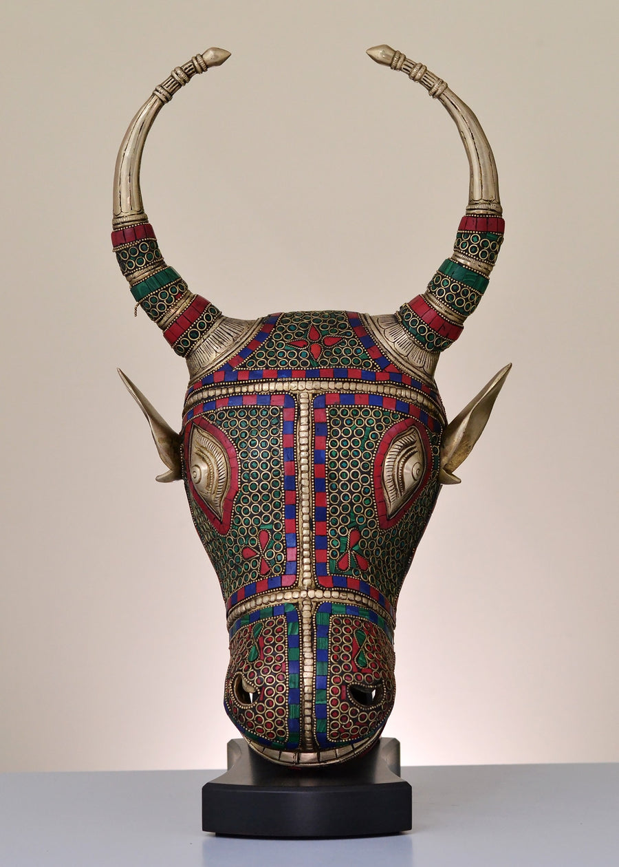 18" Handmade Brass Nandi Head Statue with Inlay Work