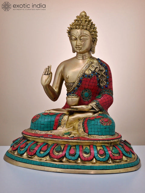 16" Brass Gautam Buddha Preaching His Dharma with Inlay Work | Handmade