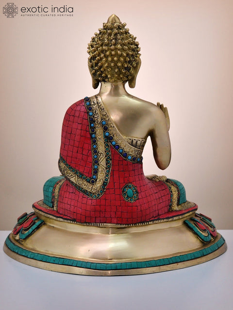 16" Brass Gautam Buddha Preaching His Dharma with Inlay Work | Handmade