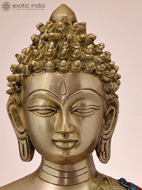 16" Brass Gautam Buddha Preaching His Dharma with Inlay Work | Handmade