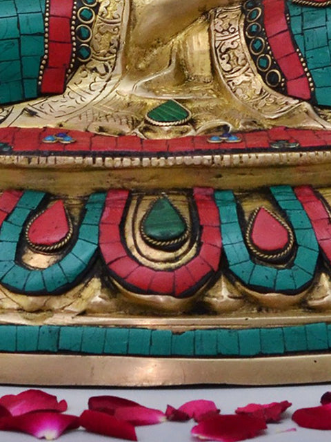 16" Brass Gautam Buddha Preaching His Dharma with Inlay Work | Handmade