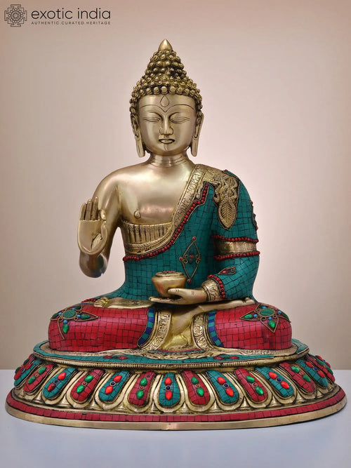 20" Handmade Brass Gautam Buddha Preaching Dharma Statue with Inlay