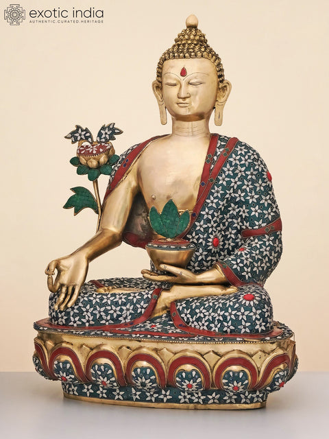 34" Large Brass Medicine Buddha with Inlay Work | Handmade
