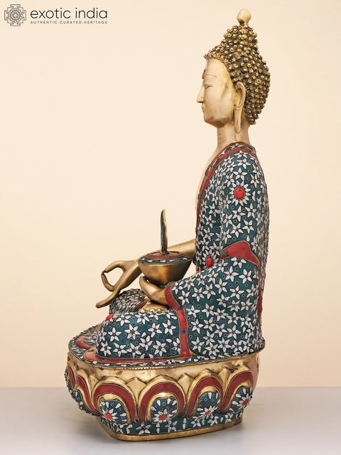 34" Large Brass Medicine Buddha with Inlay Work | Handmade