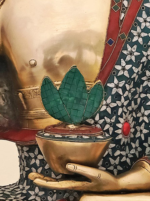 34" Large Brass Medicine Buddha with Inlay Work | Handmade