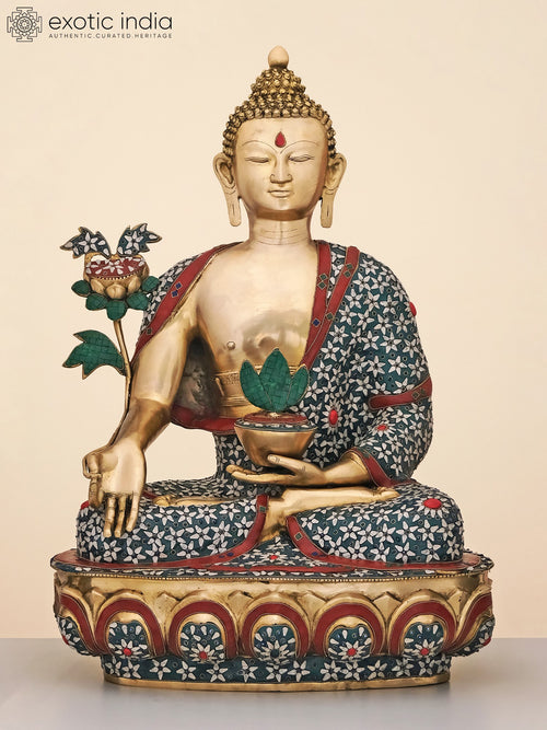 34" Large Handmade Brass Medicine Buddha Statue with Inlay Work