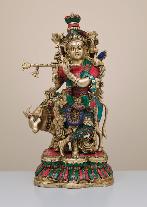 17" Handmade Brass Krishna with Cow Flute Statue