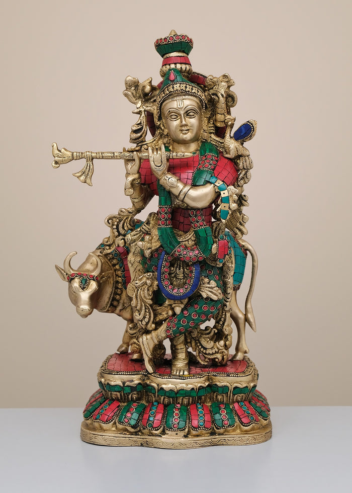 17" Handmade Brass Krishna with Cow Flute Statue