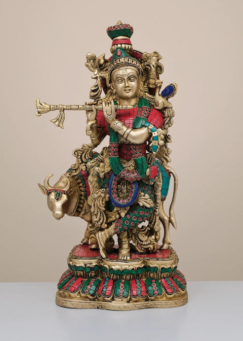 17" Brass Fluting Krishna with His Cow | Handmade