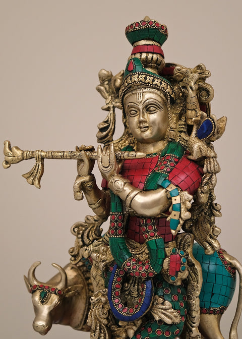 17" Brass Fluting Krishna with His Cow | Handmade