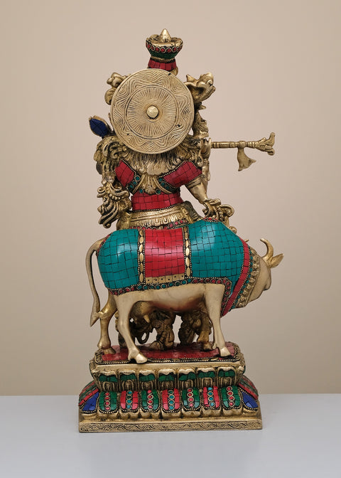 17" Brass Fluting Krishna with His Cow | Handmade