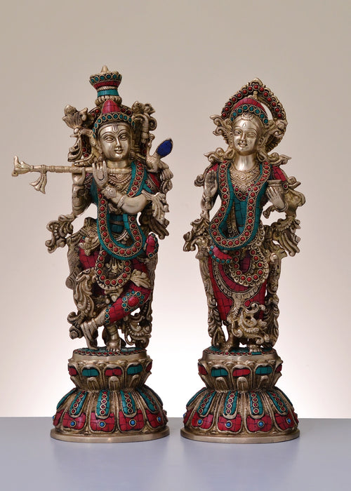 18" Handmade Brass Radha Krishna Statue with Inlay Work
