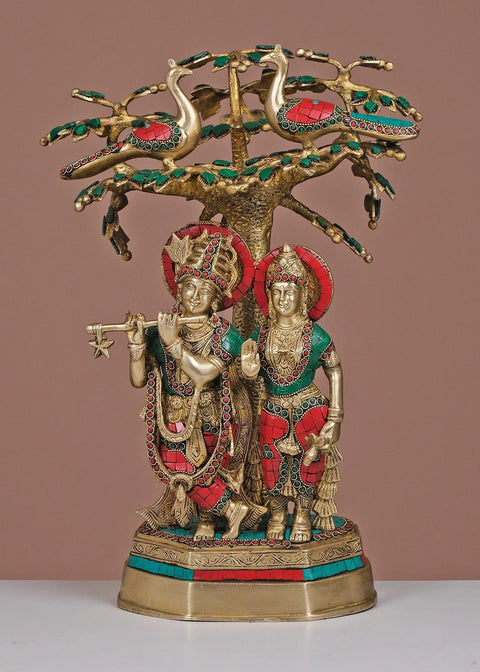 19" Brass Radha Krishna Standing Under Tree with Inlay Work | Handmade