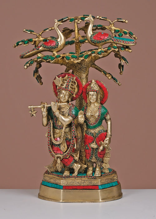 19" Brass Radha Krishna Standing Under Tree Statue with Inlay Work