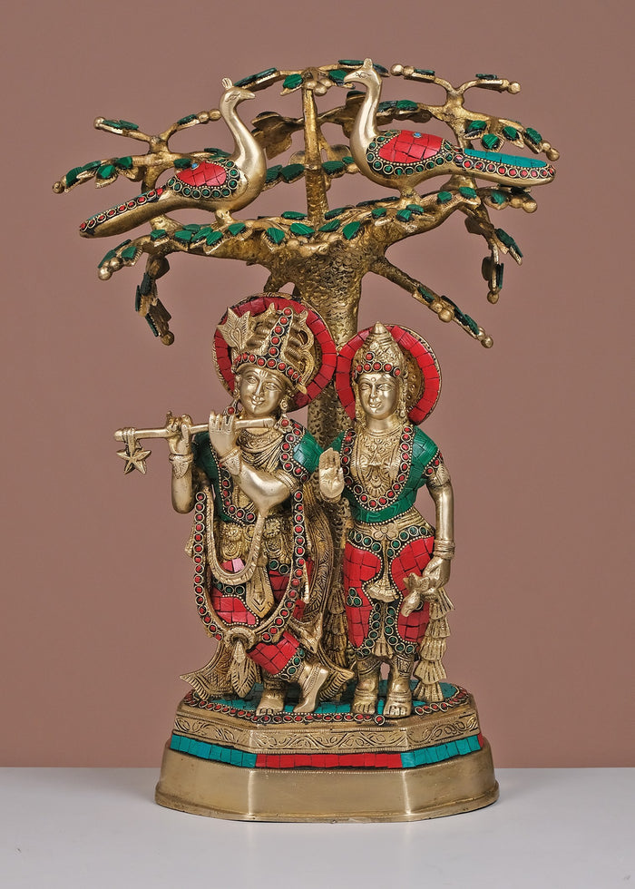19" Brass Radha Krishna Standing Under Tree Statue with Inlay Work