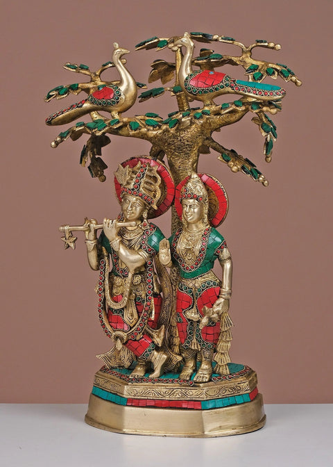 19" Brass Radha Krishna Standing Under Tree with Inlay Work | Handmade