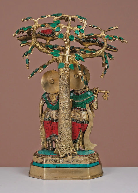 19" Brass Radha Krishna Standing Under Tree with Inlay Work | Handmade