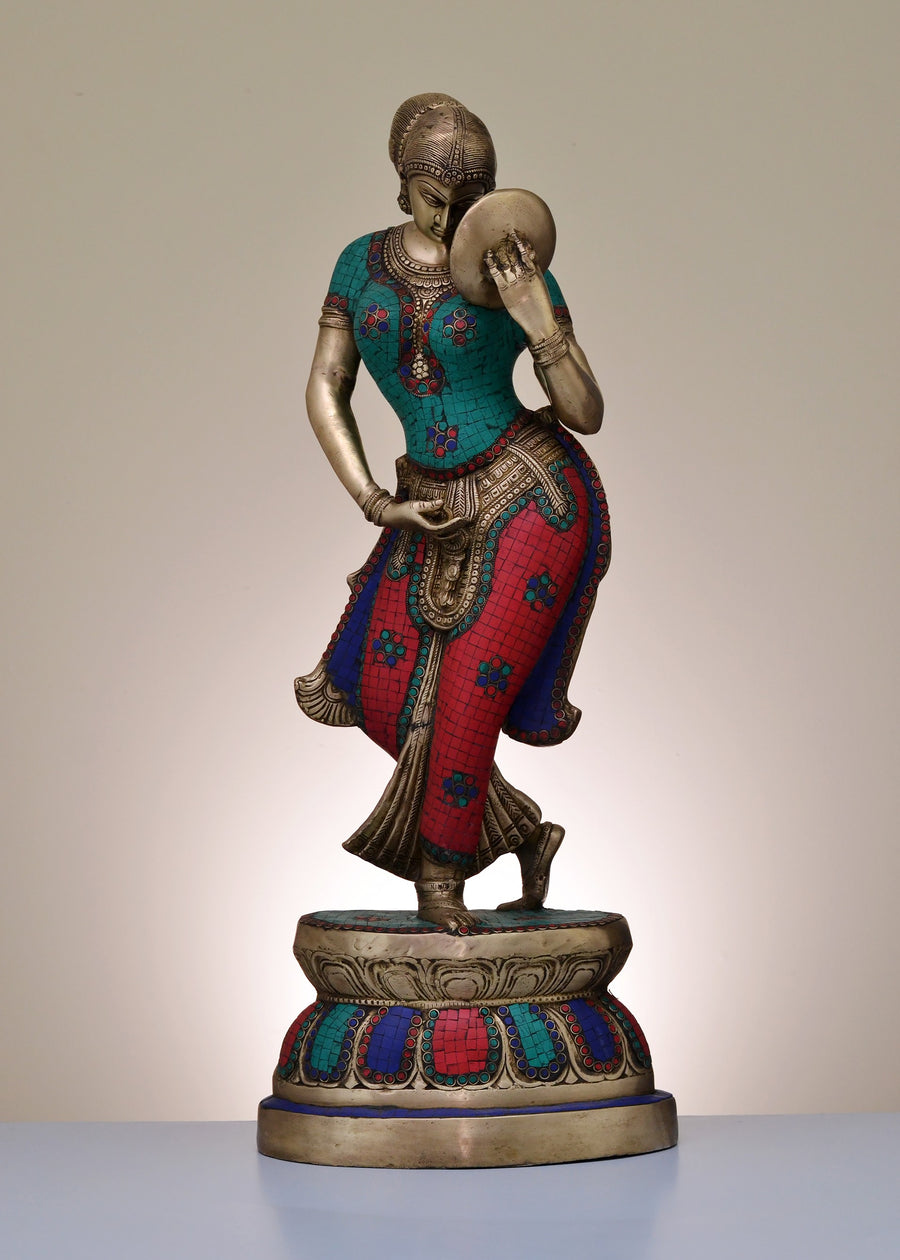 36" Large Brass Mirror Lady Handmade Statue with Inlay Work