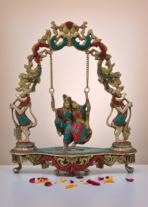 18" Brass Radha Krishna Swing Statue with Inlay Work Handmade