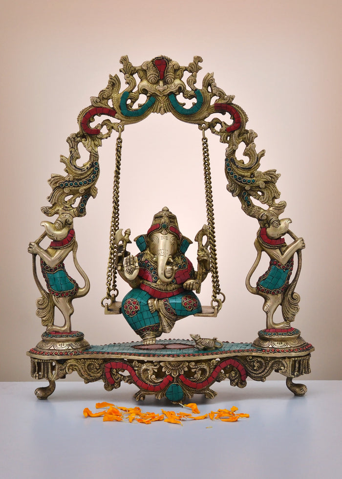 18" Brass Lord Ganesha on Swing Statue with Inlay Work