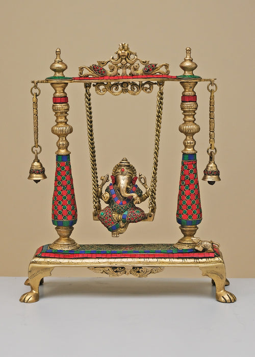 16" Handmade Brass Lord Ganesha Swing Statue with Inlay Work