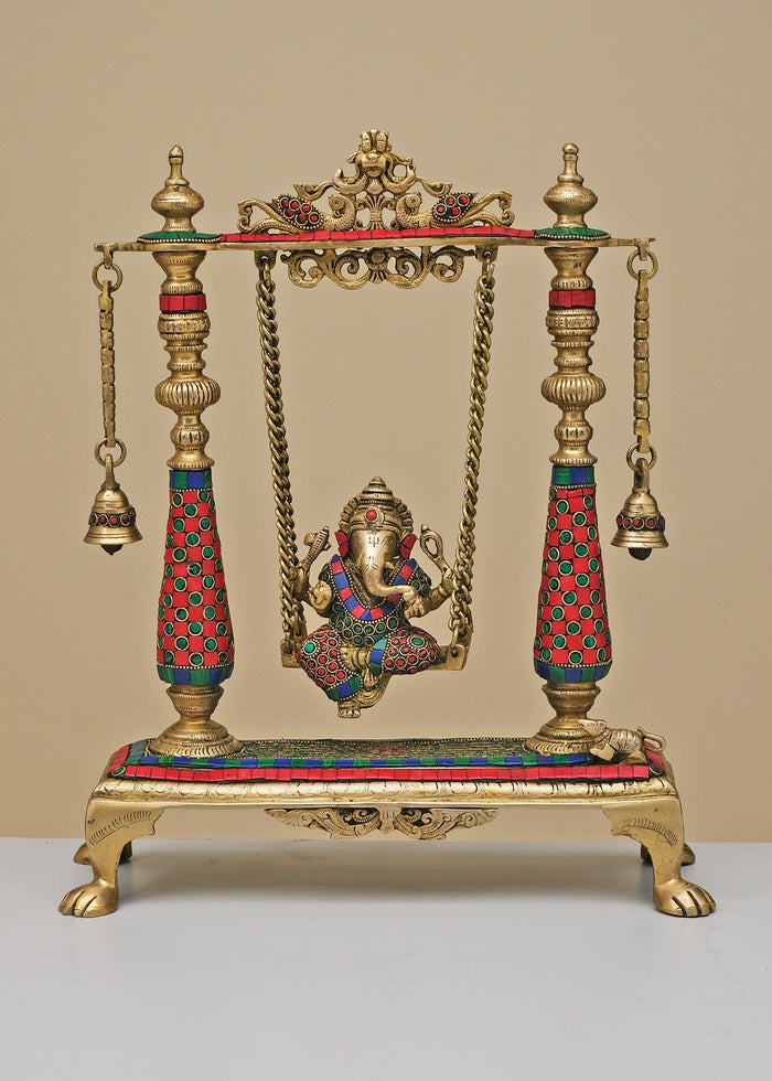 16" Handmade Brass Lord Ganesha Swing Statue with Inlay Work