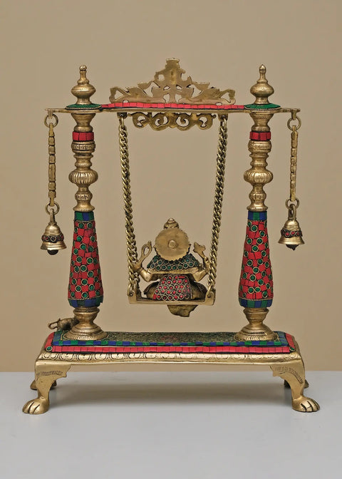 16" Brass Swing Lord Ganesha with Inlay Work | Handmade