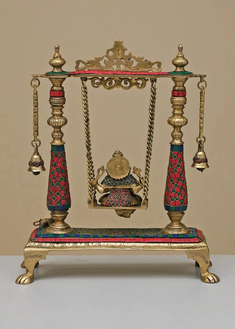 16" Brass Swing Lord Ganesha with Inlay Work | Handmade