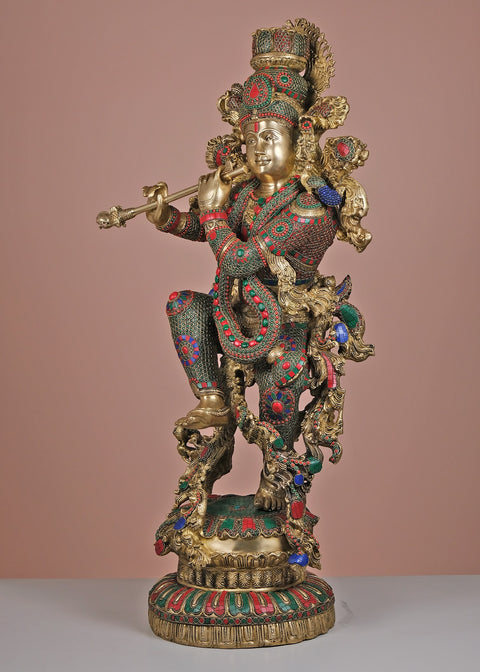 43" Large Brass Fluting Krishna with His Cow | Handmade