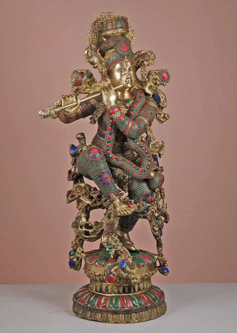 43" Large Brass Fluting Krishna with His Cow | Handmade