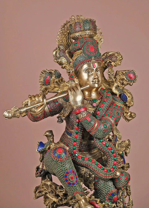 43" Large Brass Fluting Krishna with His Cow | Handmade